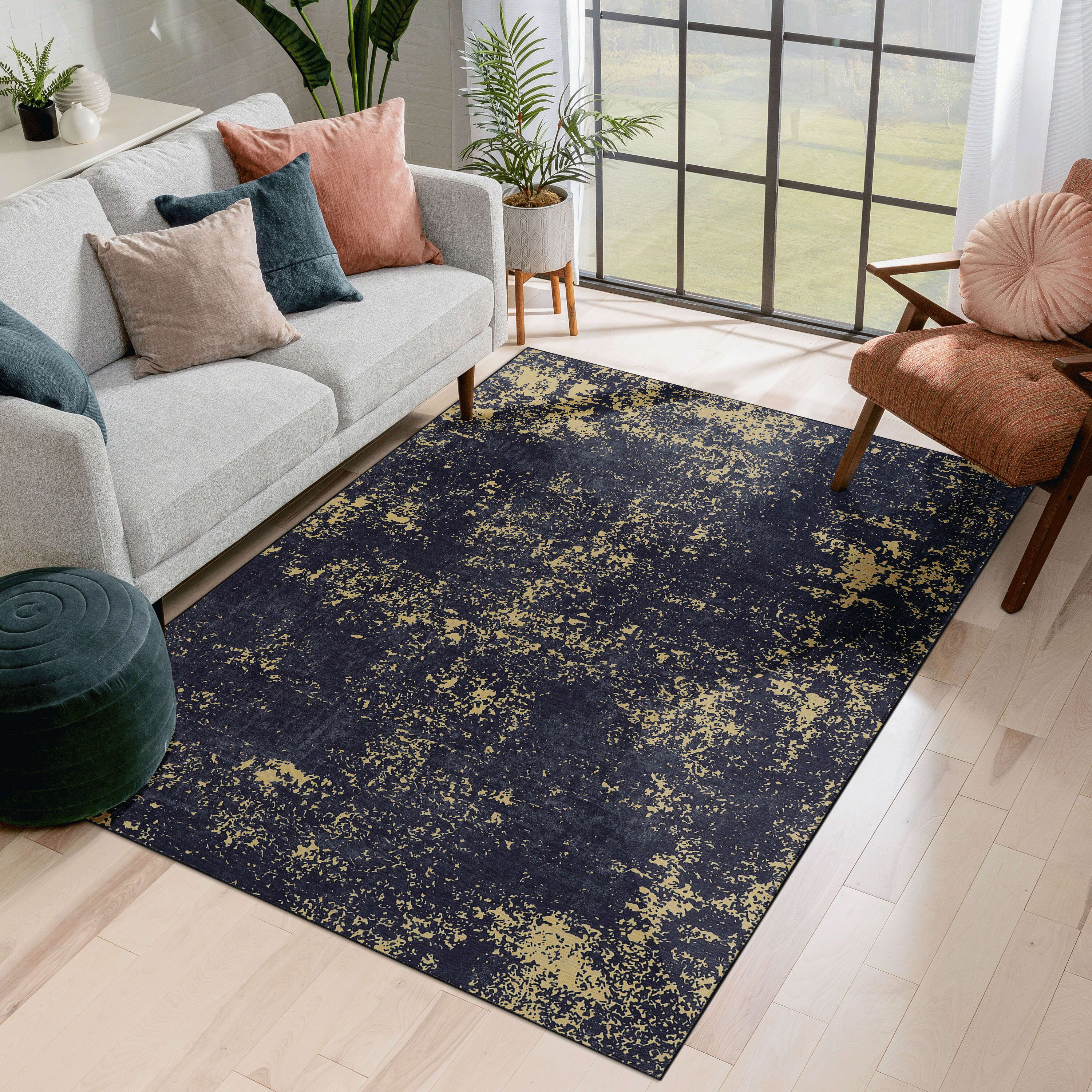 MAVAL Black Washable Rug 6x9 Area Rug  Black Gold, 6' X 9' view 1