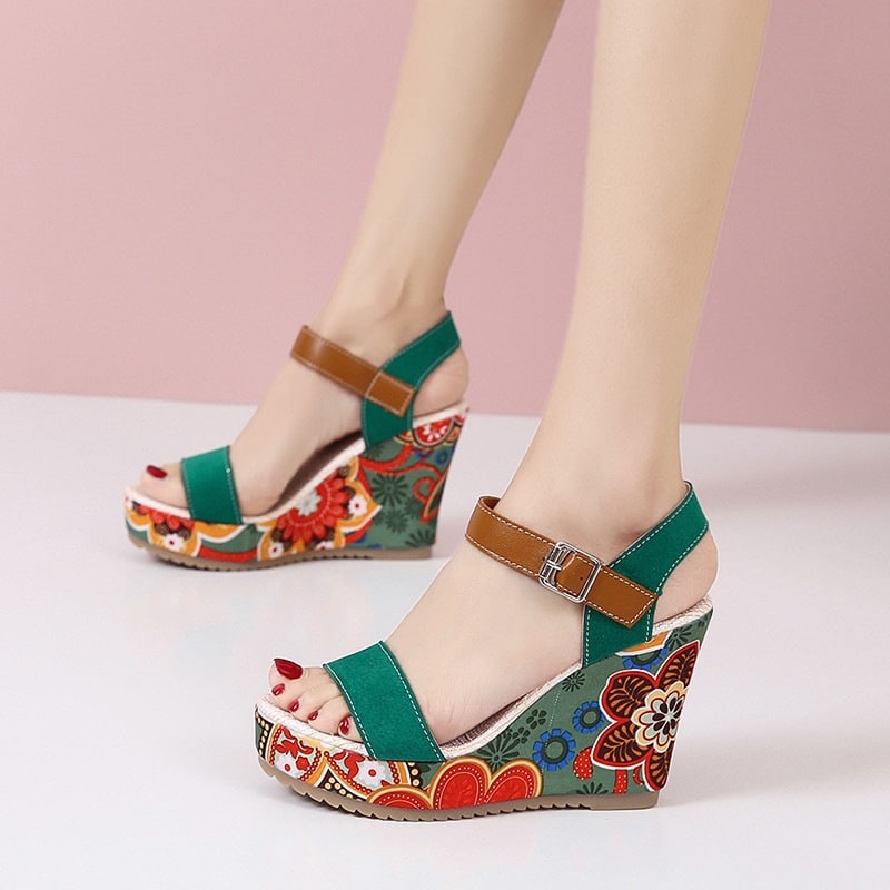 Fashion Flowers Embroidered High Wedge Sandals For Women Summer Toe Platform Buckle Shoes view 3