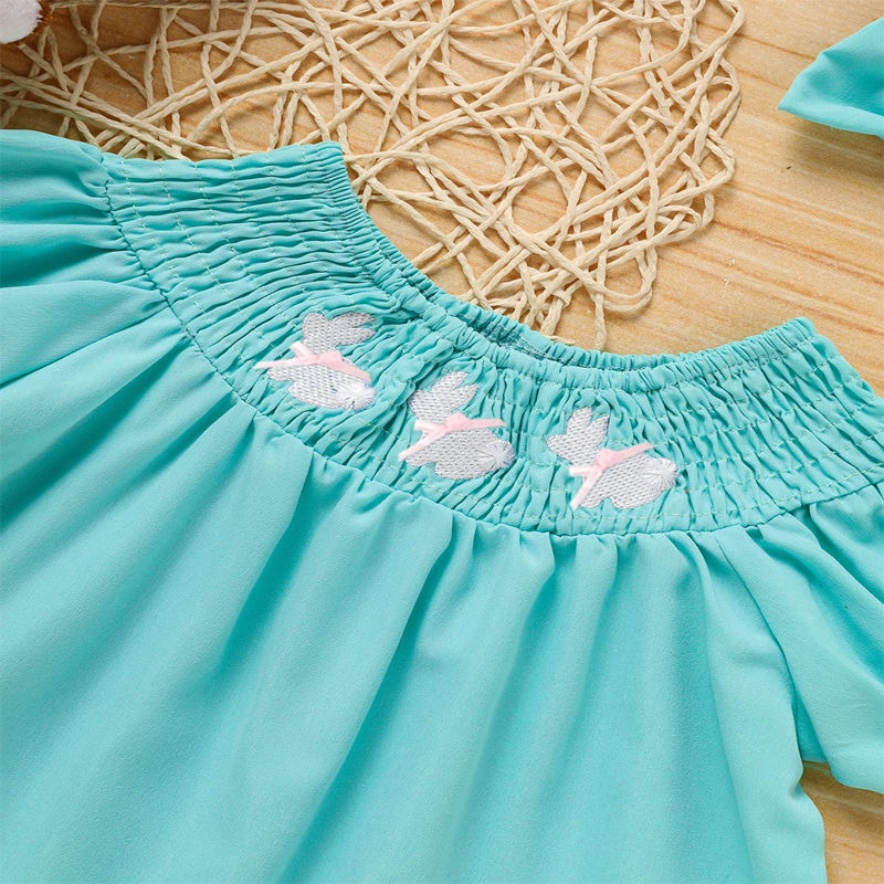 Toddler Girl's Bunny Dress Bow Headband Ruffle Sleeve Smocked Dress With Rabbit Embroidery For Summer view 26