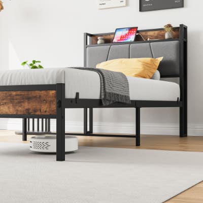 Twin Size Bed Frame, Storage Headboard With Charging Station, Solid And Stable, No Box Spring Needed, Easy Assembly view 4