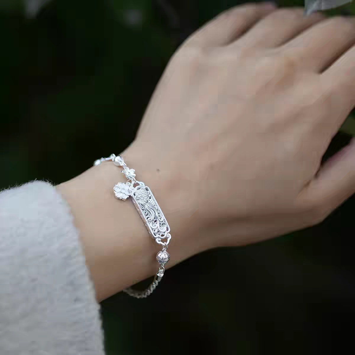 1pc 999 Sterling Silver Hollow Phoenix & Flower Bracelet, Retro Chinese Style, Perfect For Daily Wear & Valentine's Gifts view 2