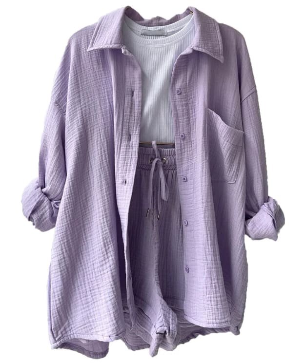 Women's Wrinkled Fabric Lapel Long Sleeved Shirt Shorts Fashion Casual Set view 7