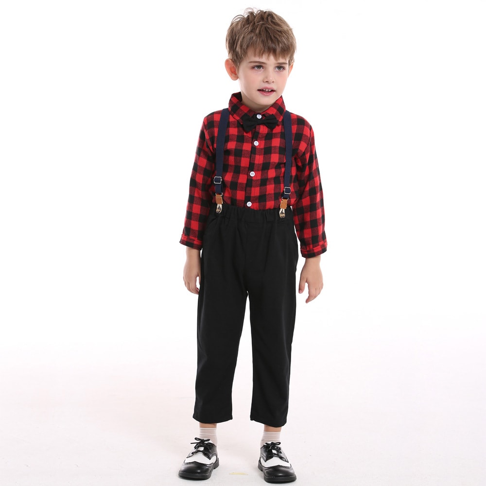 Christmas Sisters And Brothers Autumn Plaid Shirt Long Sleeve Bib Two Piece Set view 5