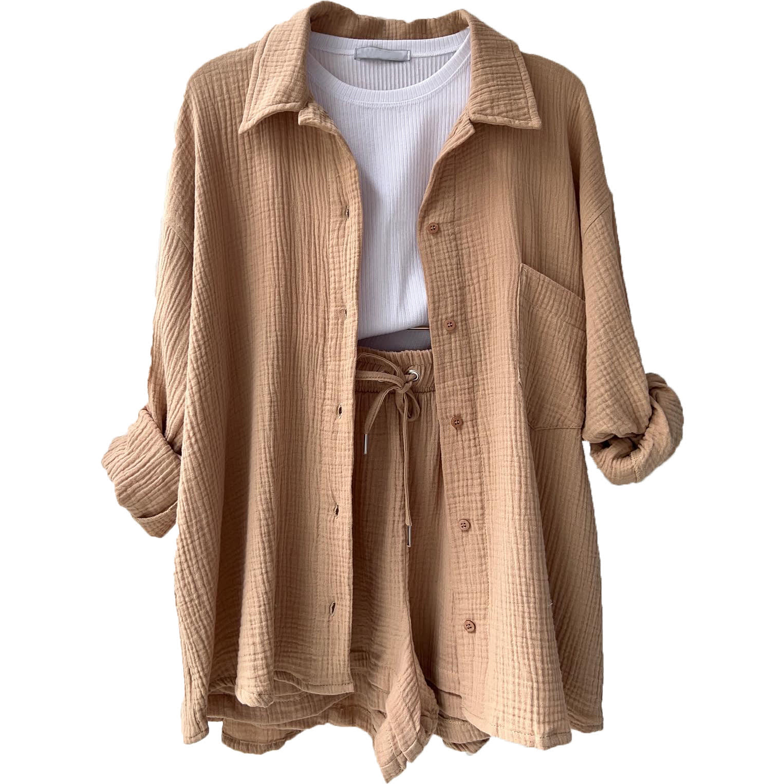 Women's Wrinkled Fabric Lapel Long Sleeved Shirt Shorts Fashion Casual Set view 8