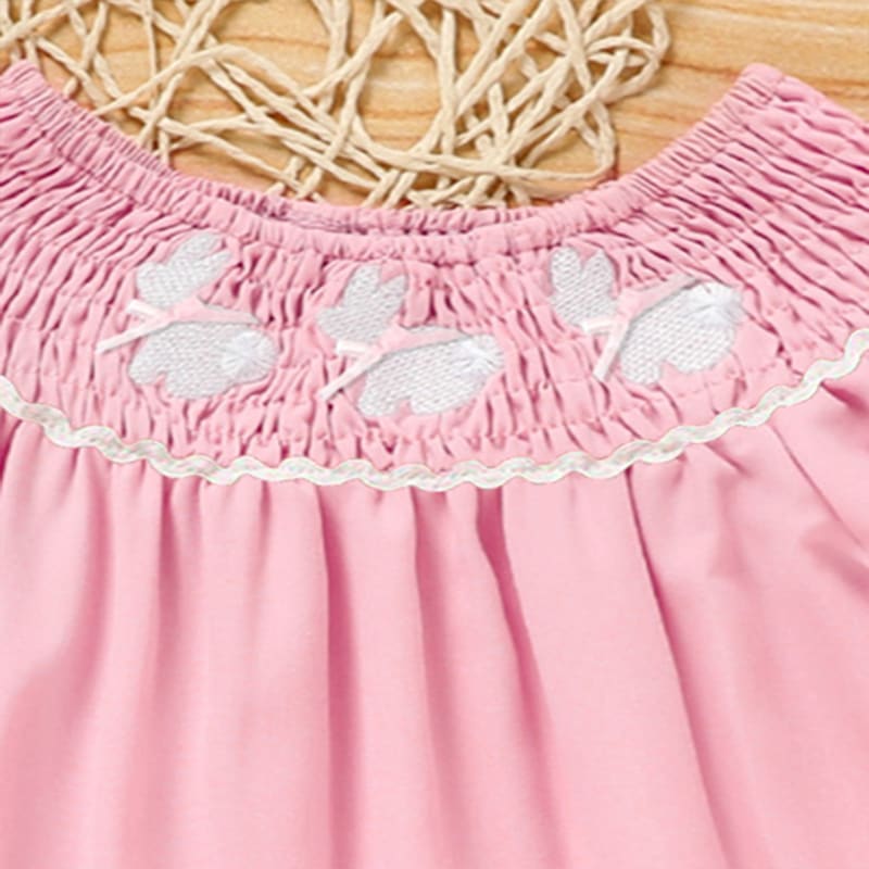 Toddler Girl's Bunny Dress Bow Headband Ruffle Sleeve Smocked Dress With Rabbit Embroidery For Summer view 24