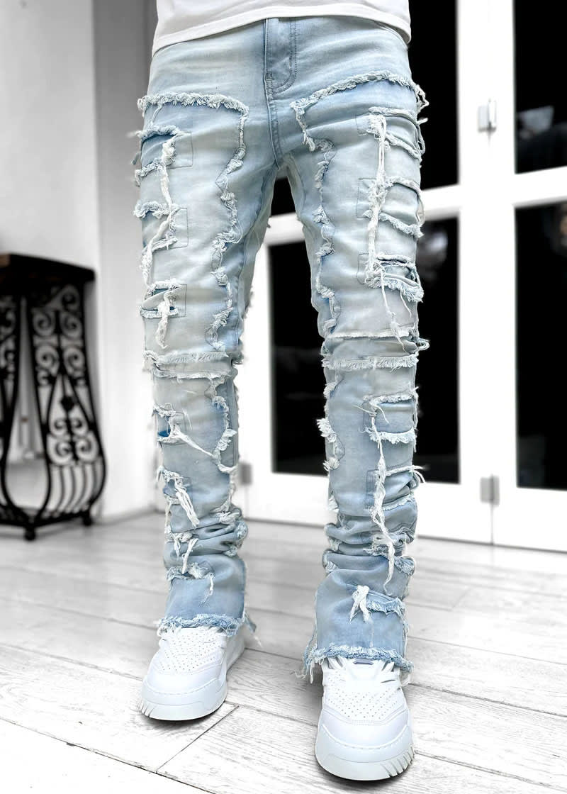 Ins Fringes Ripped Trousers Individual Patched Pants Long Tight Fit Stacked Jeans For Mens Clothing view 7