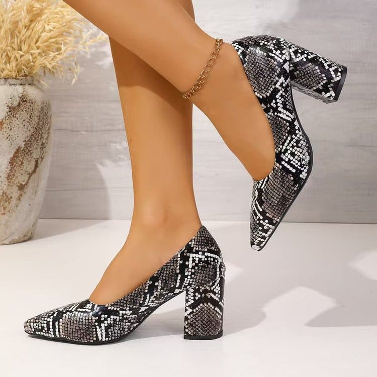 Women's Snake Print Pointed Toe Block Heel Pumps 2026 Spring Summer Elegant High Heels Versatile Office Party Shoes view 5
