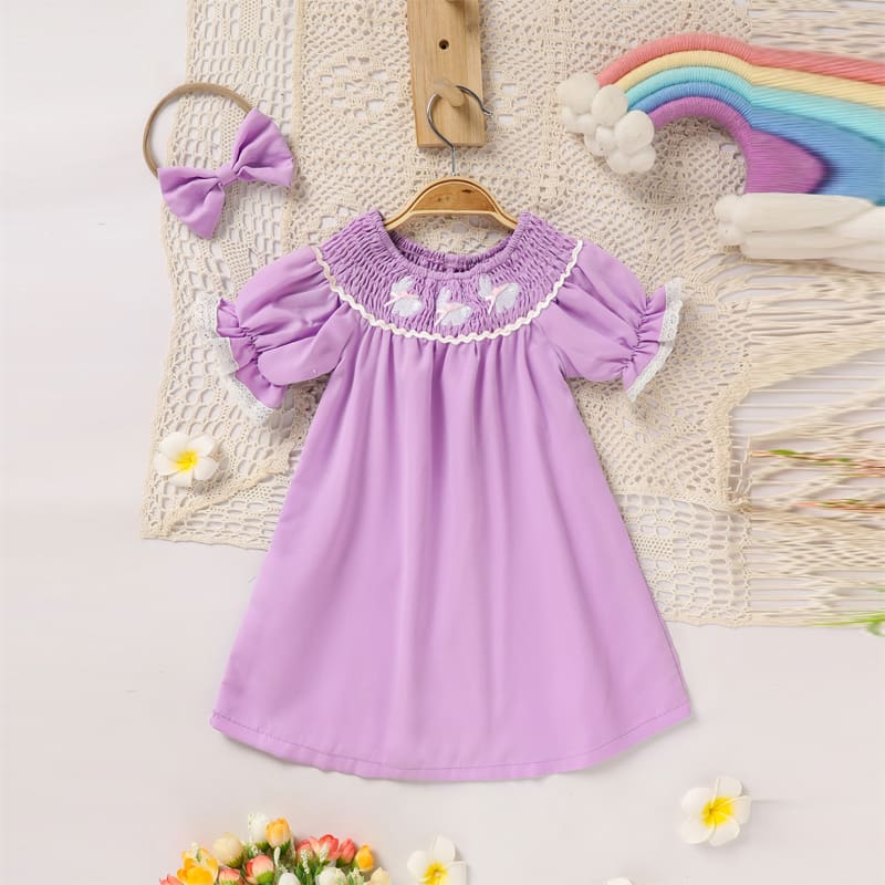 Toddler Girl's Bunny Dress Bow Headband Ruffle Sleeve Smocked Dress With Rabbit Embroidery For Summer view 20
