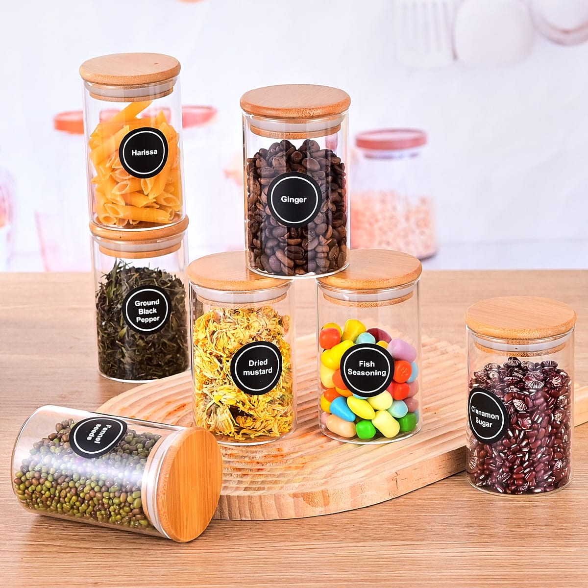 12 Pcs Round Spice Jars With Bamboo Lids And Stickers, Glass Storage Jars, Candy Jars, Coffee Jars, Salt Jars, Pepper Jars, Tea Jars view 7