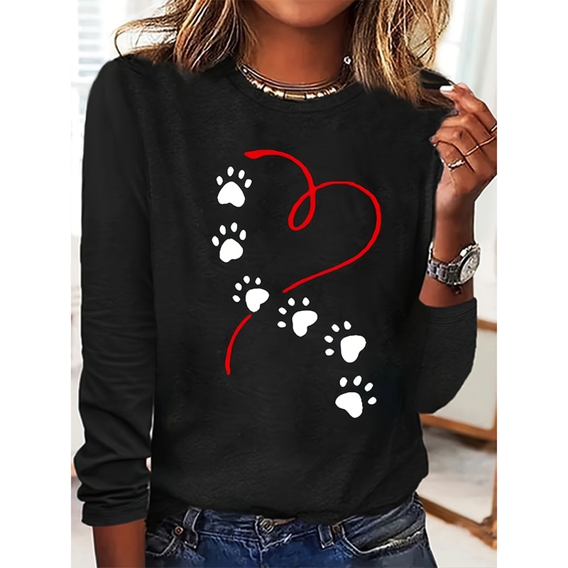 Women's Heart & Dog Paw Print T-shirt, Cute Crew Neck Long Sleeve Top For Spring & Fall view 6