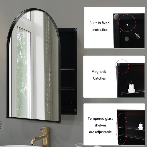 24x36 Inch Arched Recessed Medicine Cabinet, Metal Framed Bathroom Wall Cabinet With Mirror And Adjustable Shelves, Wall Mirror With Storage For Bathroom, Matte Black view 6