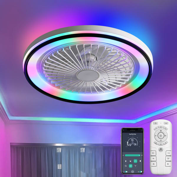19 Inch RGB Dimmable LED Enclosed Ceiling Fan With Embedded Bladeless 6-speed Remote Control, Suitable For Bedroom Parties view 3