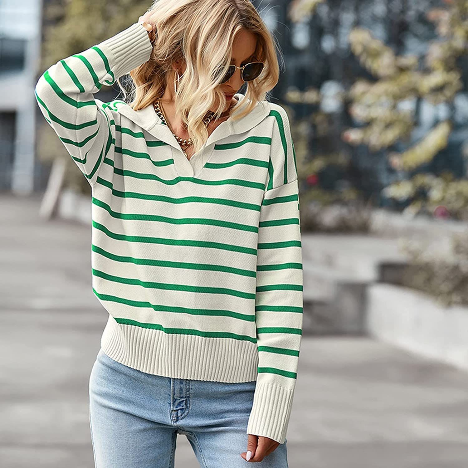 Casual V-neck Lapel Striped Sweater Fashion Long Sleeve Tops For Womens Clothing view 8