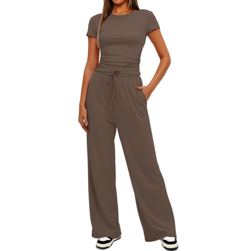 2pcs Solid Color Casual Sports Yoga Suit Short-sleeved Top And High-waisted Drawstring Wide-leg Pants Summer Fashion Set For Womens Clothing view 6