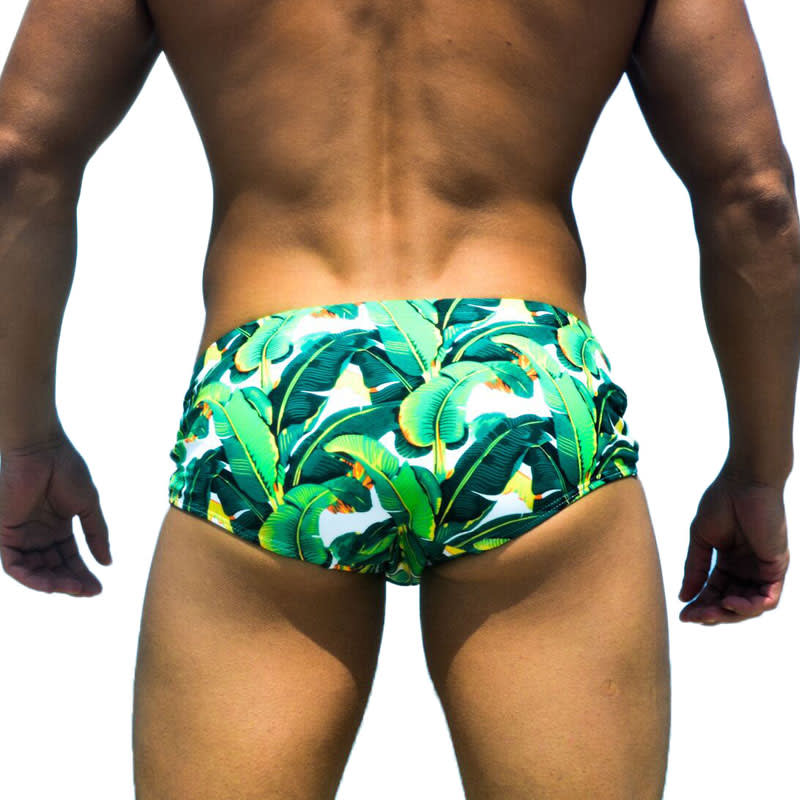 Green leaf seaside sexy triangle swim trunks view 4