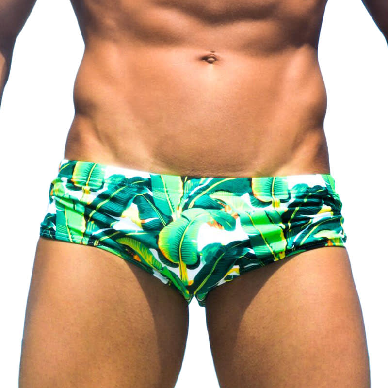 Green leaf seaside sexy triangle swim trunks view 3