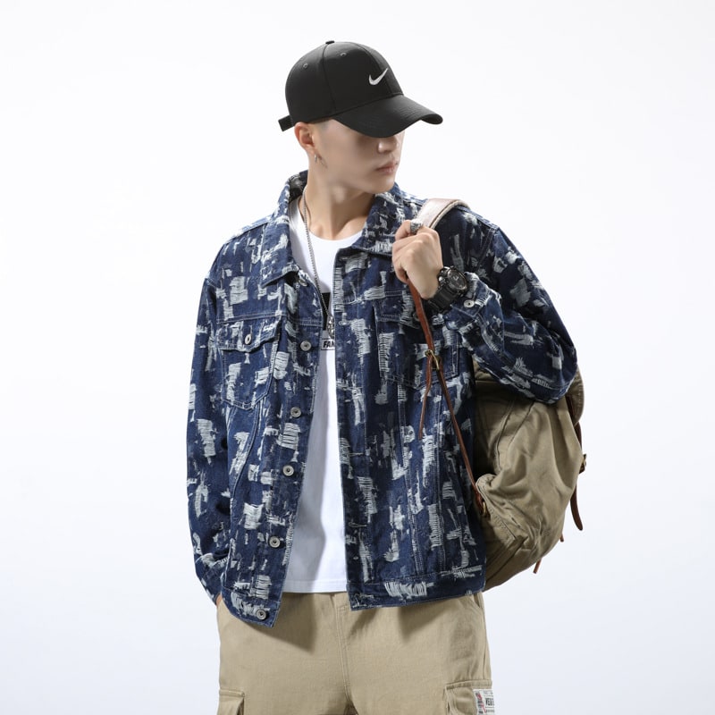 Jacket Men's Denim Jacket Jacquard Hole Japanese Retro view 3