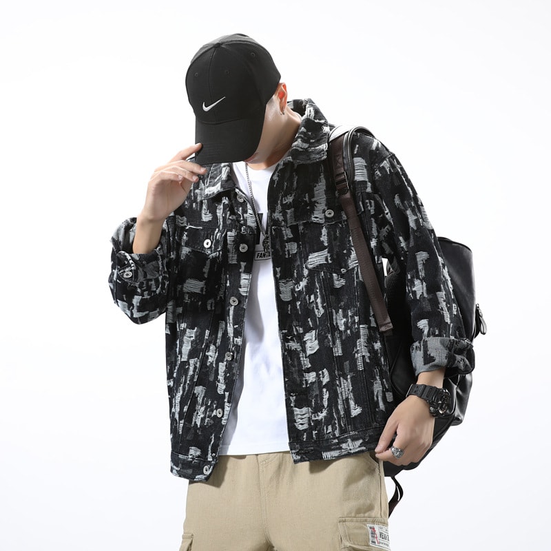 Jacket Men's Denim Jacket Jacquard Hole Japanese Retro view 4