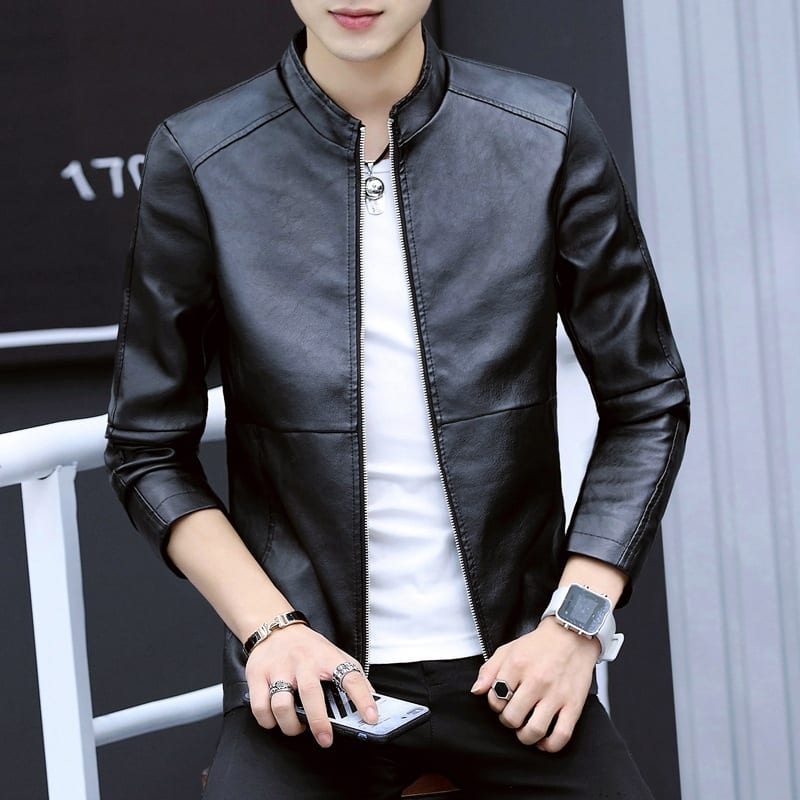 Men's Stand Collar PU Motorcycle Leather Jacket view 3
