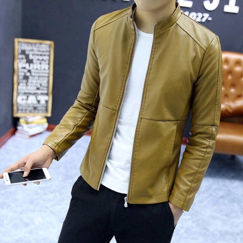 Men's Stand Collar PU Motorcycle Leather Jacket view 5