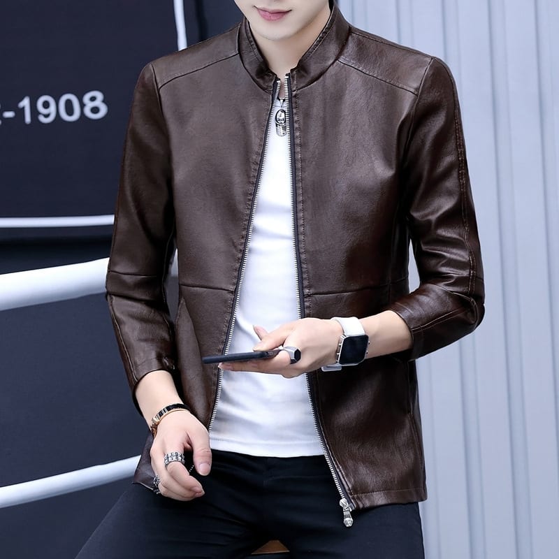 Men's Stand Collar PU Motorcycle Leather Jacket view 2