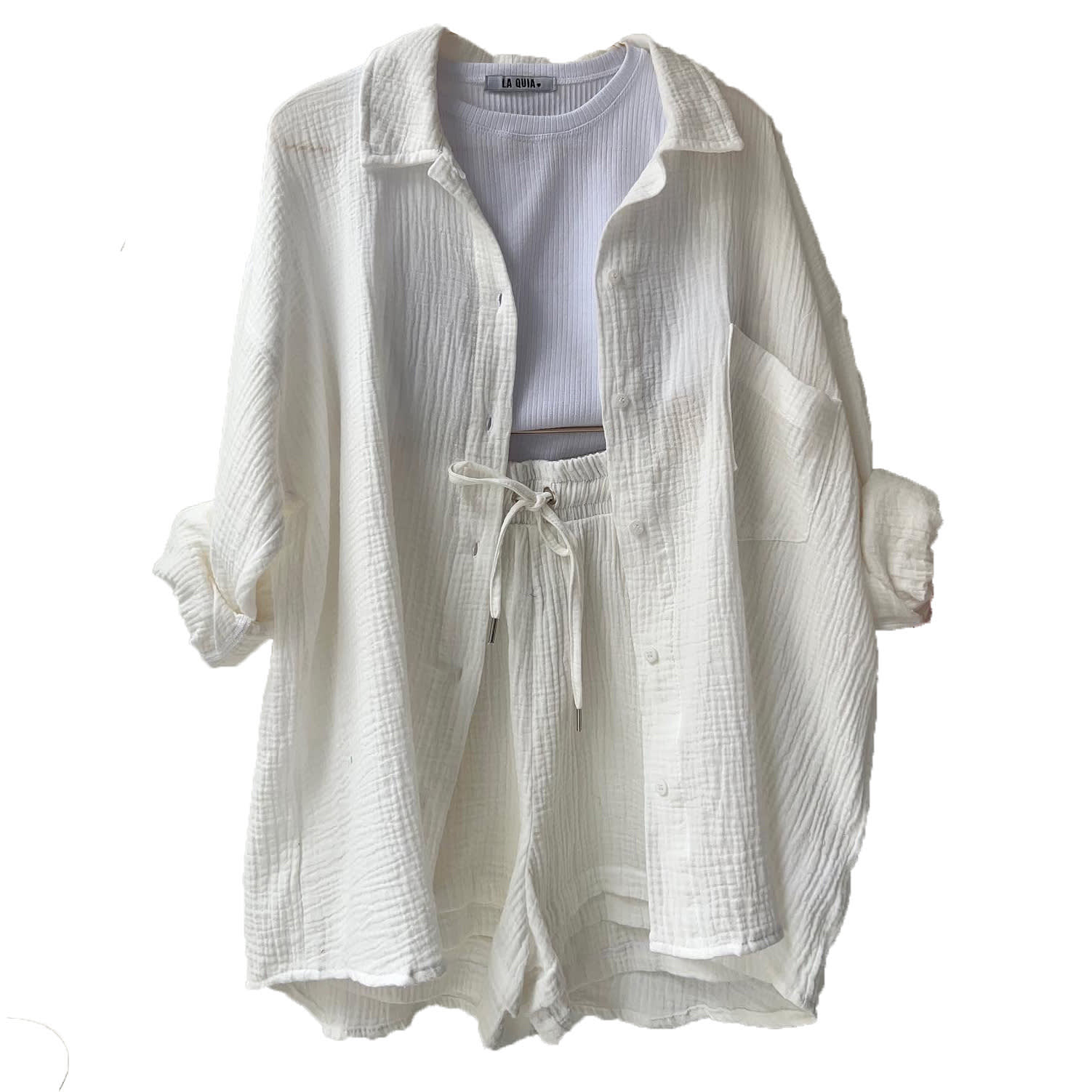 Women's Wrinkled Fabric Lapel Long Sleeved Shirt Shorts Fashion Casual Set view 25