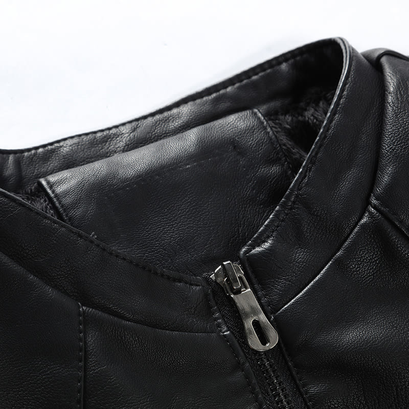 Stand-up collar fur PU leather jacket plus velvet men's jacket view 4