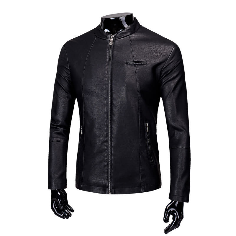 Stand-up collar fur PU leather jacket plus velvet men's jacket view 1