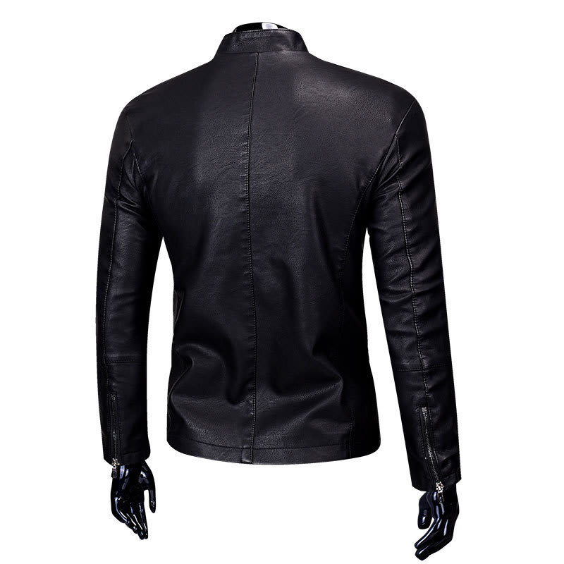 Stand-up collar fur PU leather jacket plus velvet men's jacket view 3