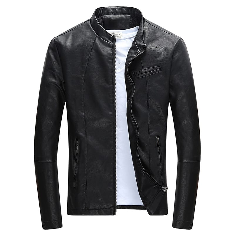 Stand-up collar fur PU leather jacket plus velvet men's jacket view 5