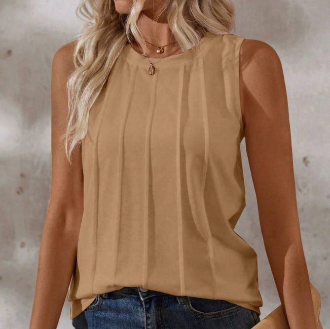 Women's Summer Solid Color Round-Neck Pleated Loose Casual Tank Top view 3
