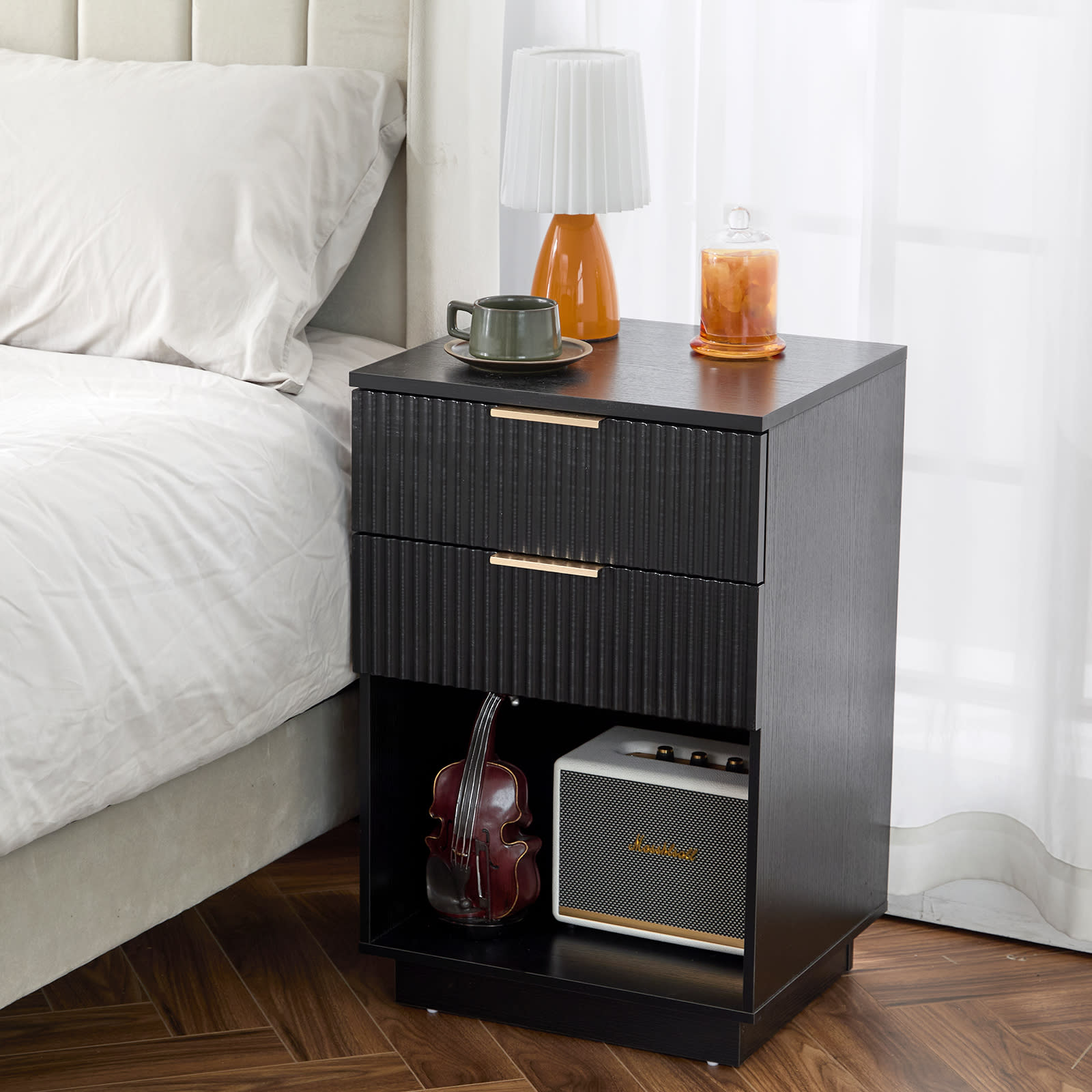 Black P2 Density Board, Wave Pattern Drawer Surface, 2 Drawer Bedside Cabinet 1pc view 9