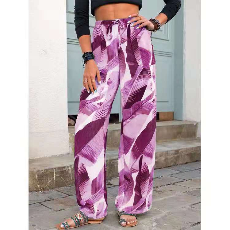 Fashion Drawstring Leaf Print Beach Pants Summer Casual Loose Wide Leg Straight Trousers Womens Clothing view 4