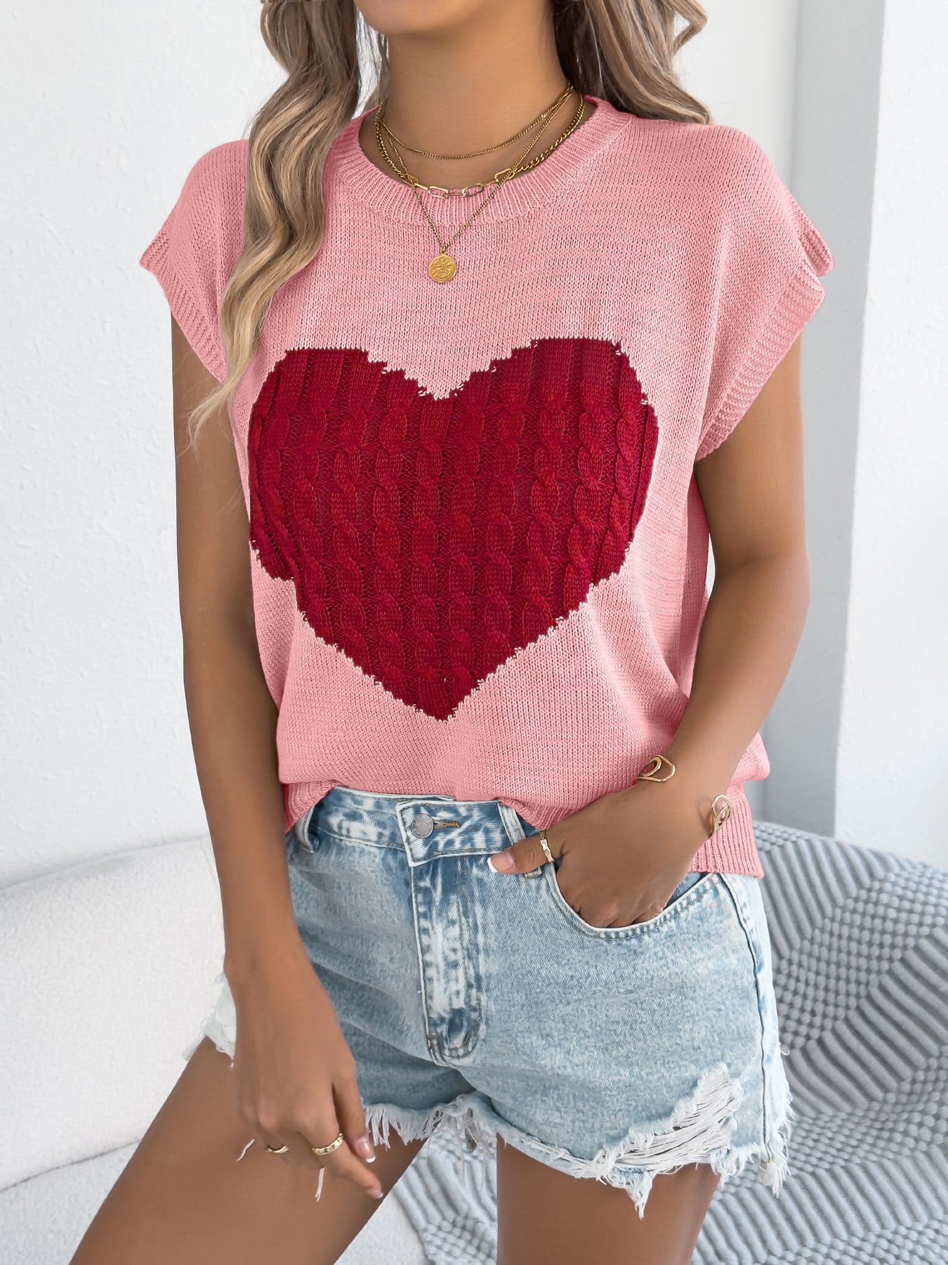 Women S Color Block Heart Loose Knit Valentine S Sweater Top view 4