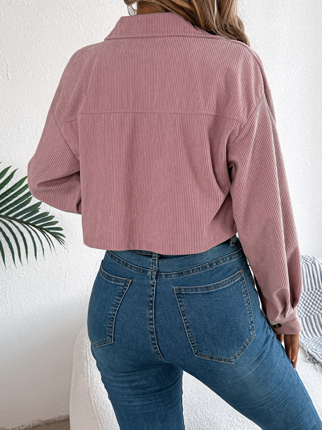 Casual Pocket Long Sleeve Corduroy Short Jacket Coat view 5