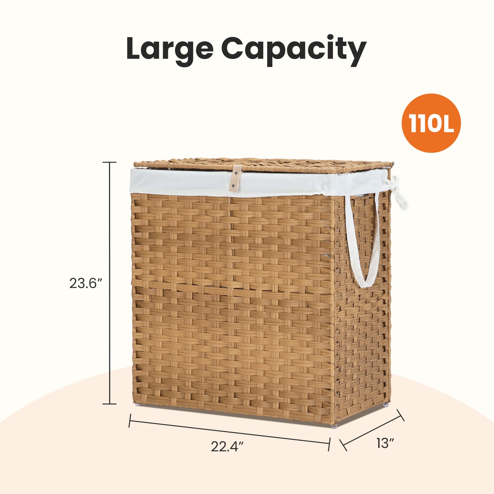 Laundry Basket With Lid, 110 L Hand-Woven Pp Rattan Laundry Basket With Compartments & Handles, Foldable, Removable Liner view 4