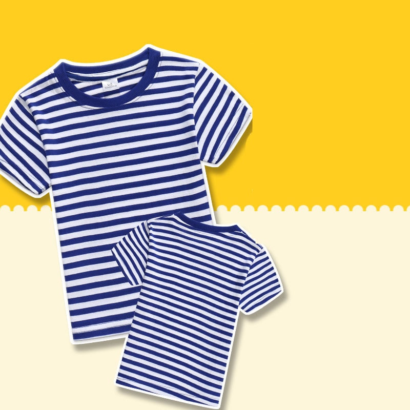 Children's Blue And White Stripes Round Neck Short Sleeve view 2