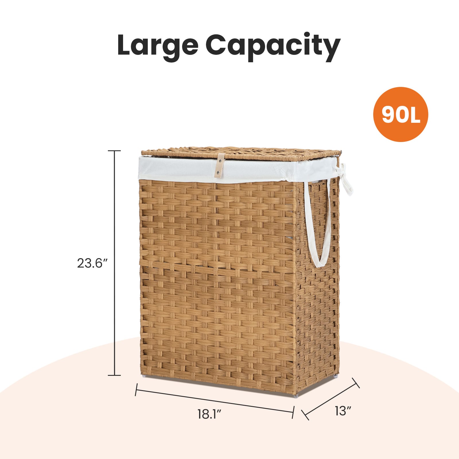 Laundry Basket With Lid, 110 L Hand-Woven Pp Rattan Laundry Basket With Compartments & Handles, Foldable, Removable Liner view 8