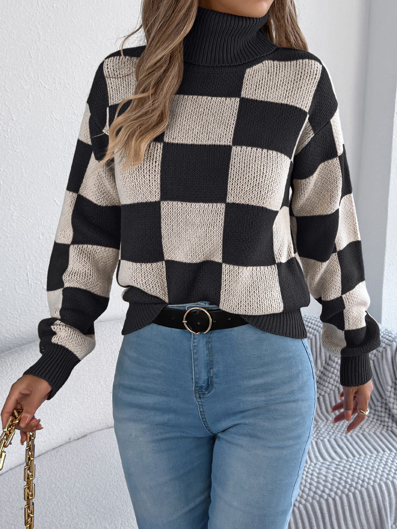 Women's High Neck Color-Blocked Plaid Lantern Sleeve Sweater view 1