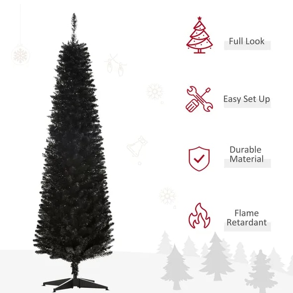 6 Ft Artificial Pencil Christmas Tree, Slim Xmas Tree With 390 Realistic Branch Tips And Plastic Stand, Black view 2