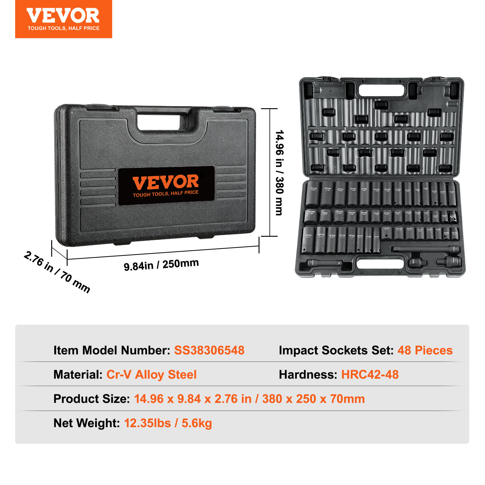 VEVOR Rive Impact Socket Set, 48 Piece Socket Set SAE  & Metric 8-22mm 6 Point Cr-V Drive Extension Bar Universal Joint & Power Drill Adapter Includes Storage Case view 4