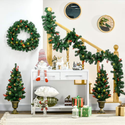 HOMCOM Prelit Holiday Christmas 4-Piece Set, Garland Wreath And Set Of 2 Entrance Trees With Warm White LED Lights, Red Berries, Pine Cones, Green view 9