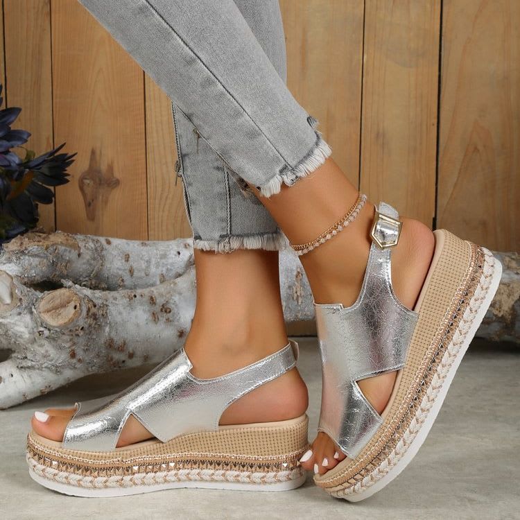 Summer Shiny Sandals Hollow Design Fish Mouth Sandal For Women Fashion Buckle Wedges Shoes view 4