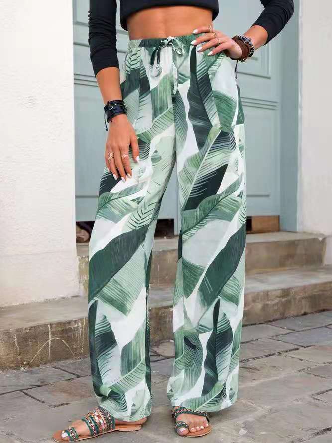 Fashion Drawstring Leaf Print Beach Pants Summer Casual Loose Wide Leg Straight Trousers Womens Clothing view 5