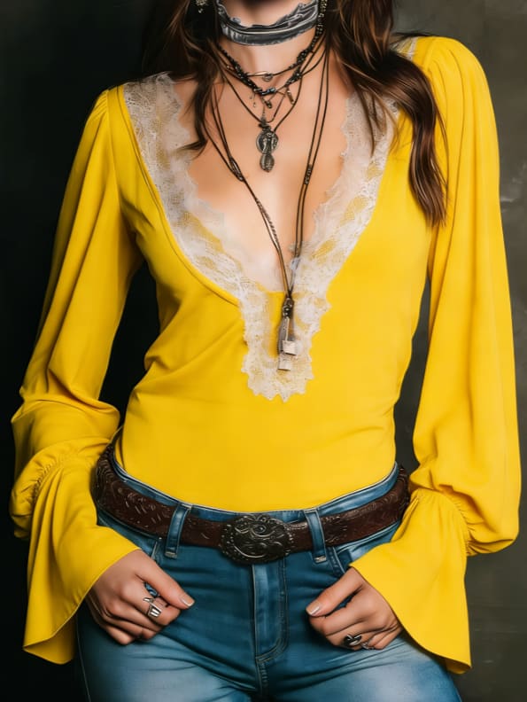 Lace V-neck Bell Sleeve Slim-fit Long-sleeved Top view 5
