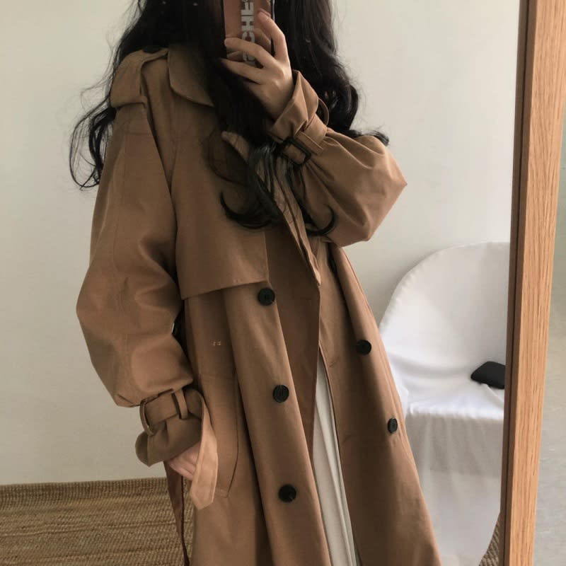 Women Black Trench Coat Mid Length Double Breasted Waist view 4
