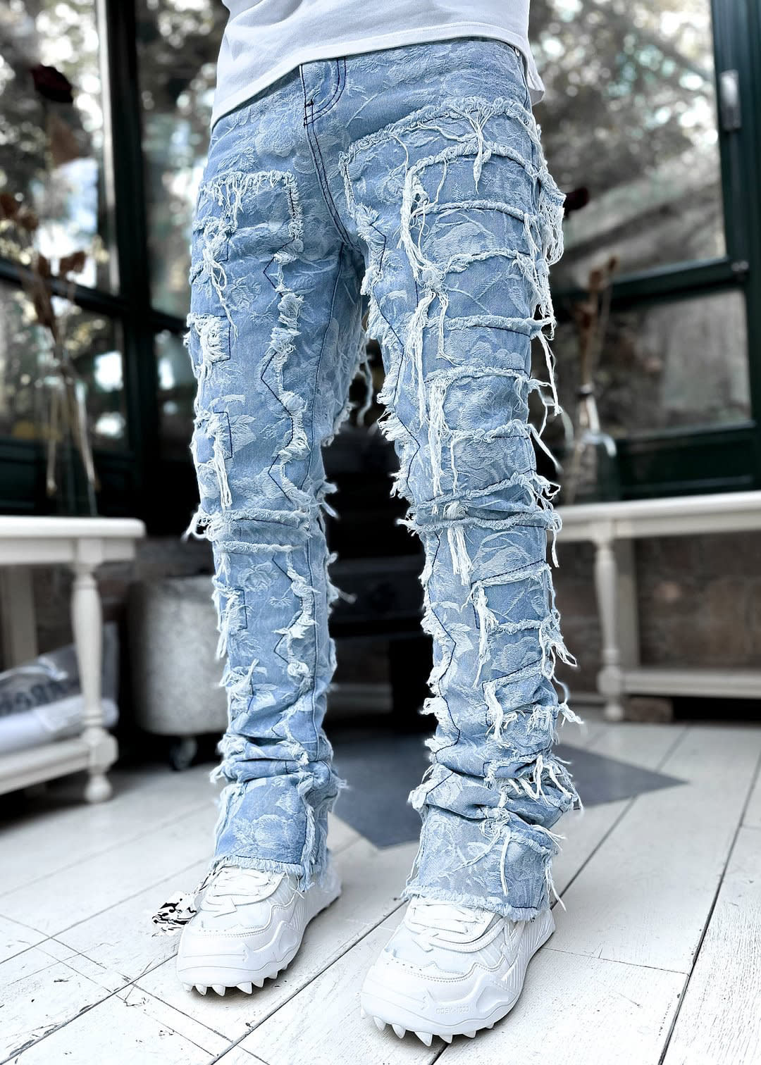 Ins Fringes Ripped Trousers Individual Patched Pants Long Tight Fit Stacked Jeans For Mens Clothing view 8