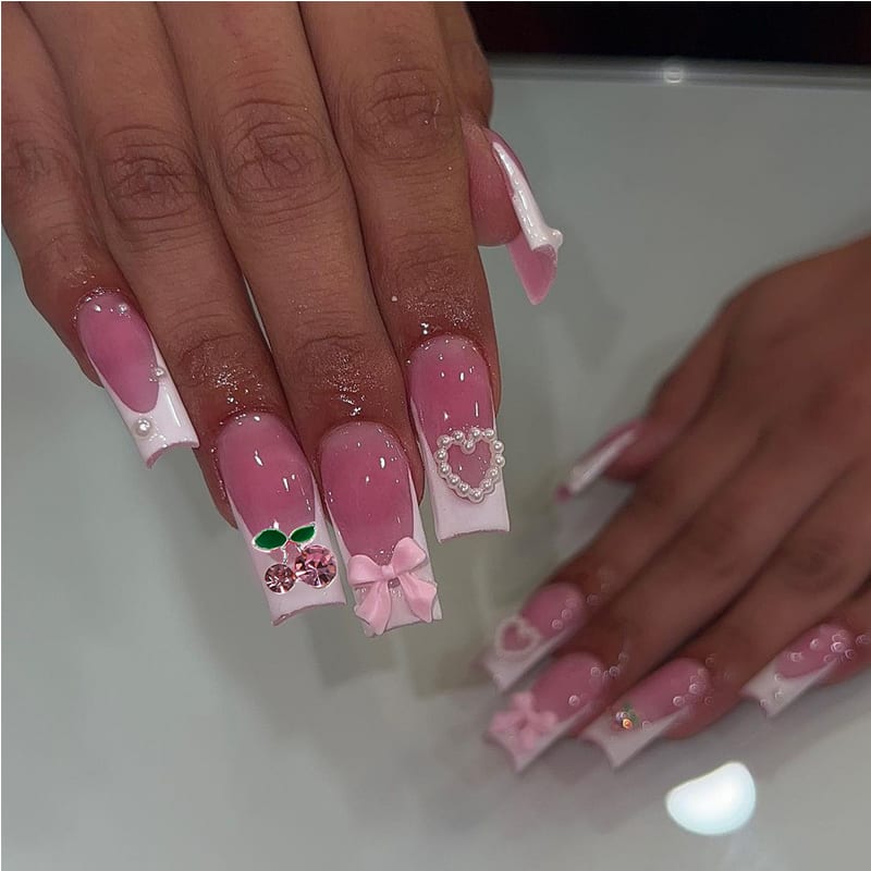 24 PCS Cherry Bow Nail Art, Long Length Long Water Pipe Fake Nails,Square Head Nail Tips False Nail view 8