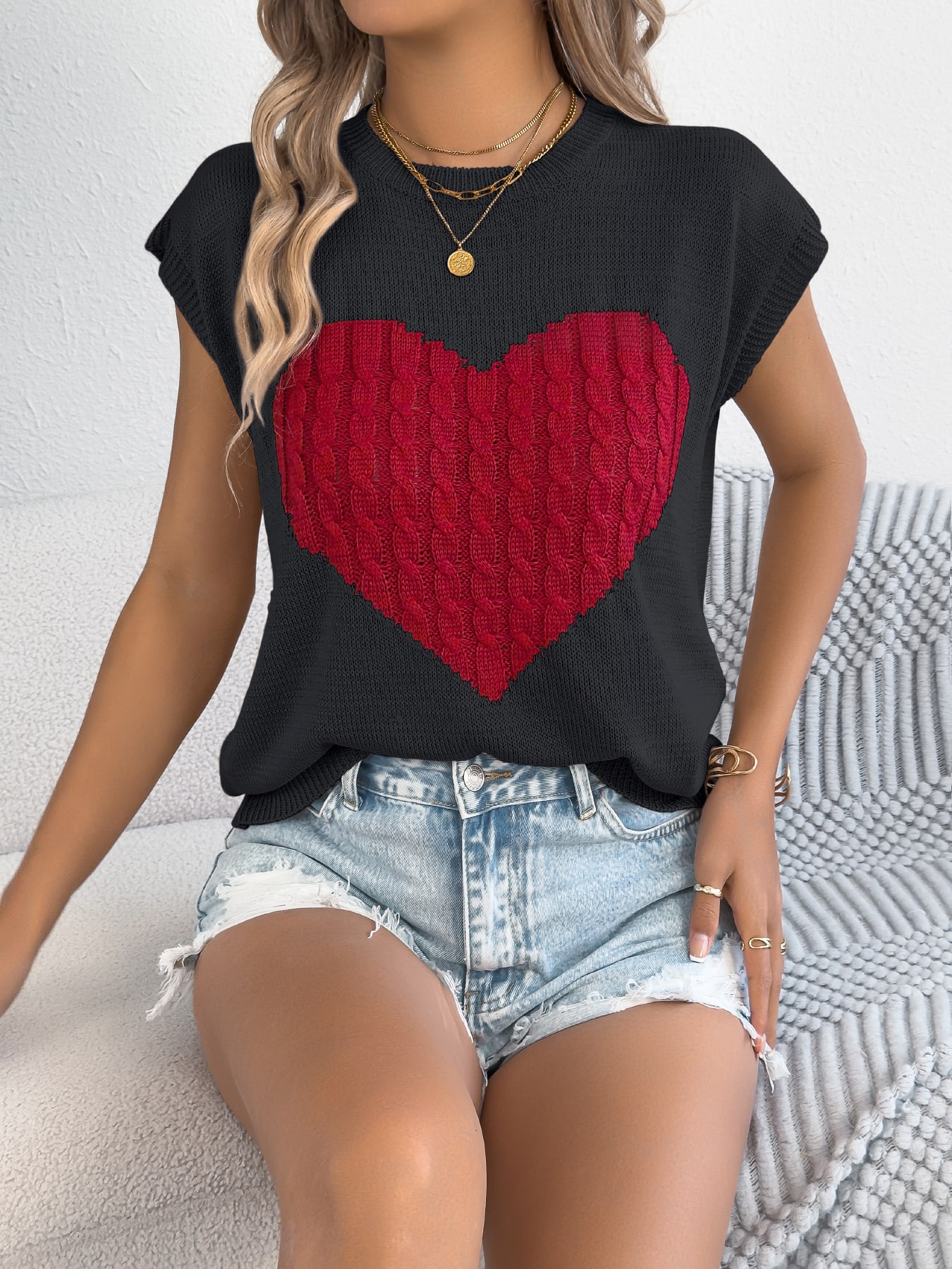 Women S Color Block Heart Loose Knit Valentine S Sweater Top view 13