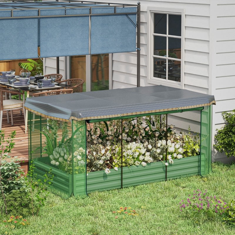 Galvanized Steel Planter Box With Crop Cage And Shade Cloth, Raised Garden Bed-Green view 4